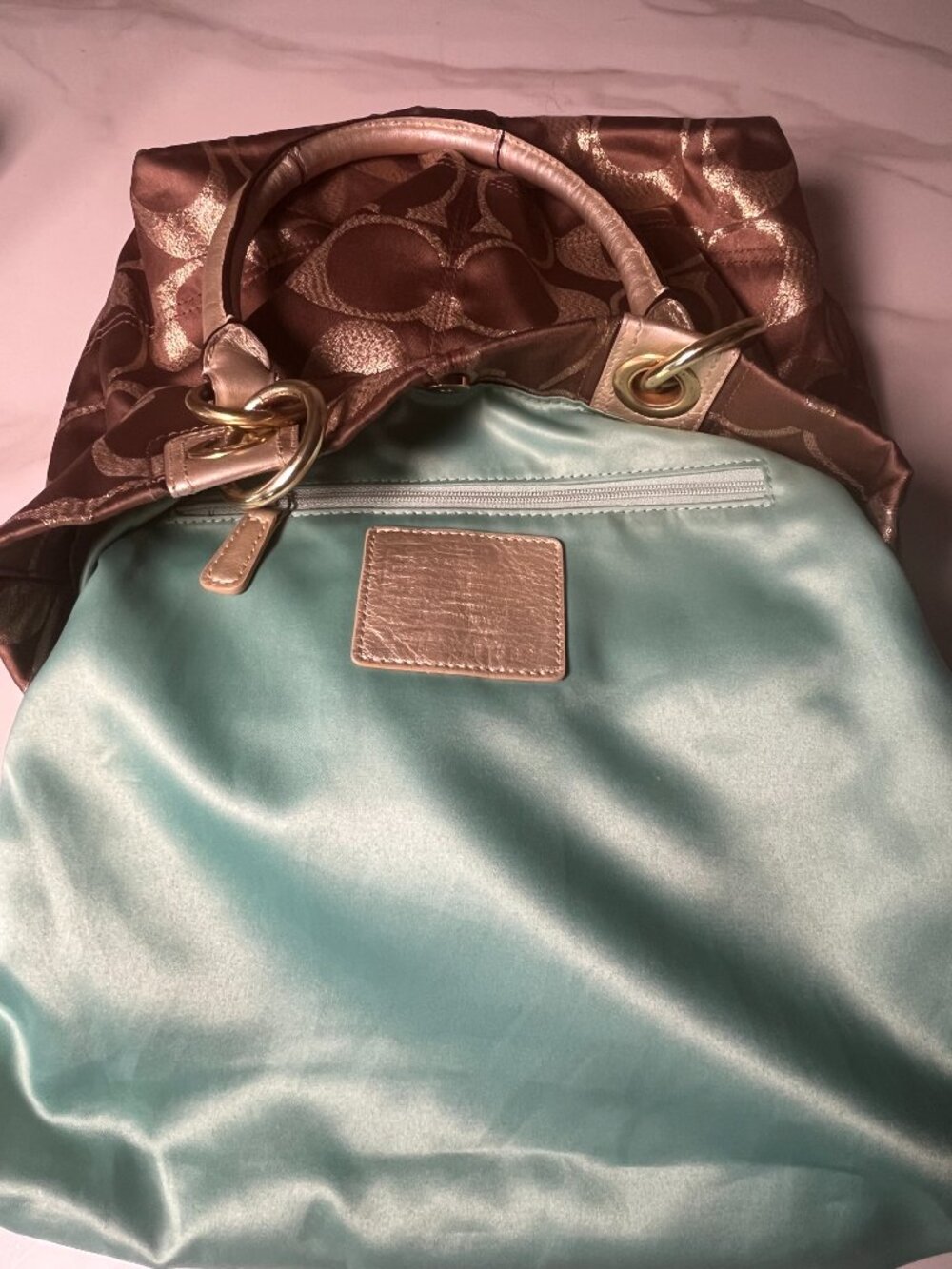 Coach Hampton Weekend Metallic Signature Jacquard Tote Turnlock Satchel 15391 - Picture 15 of 16